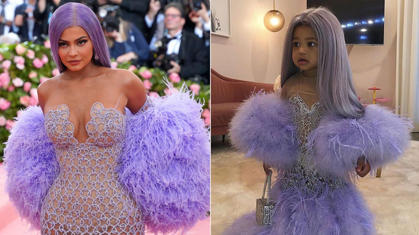 PHOTO: Left: Kylie Jenner attends in New York. Right: A photo Kylie Jenner posted on her Instagram account show her daughter dresses like her for Halloween.