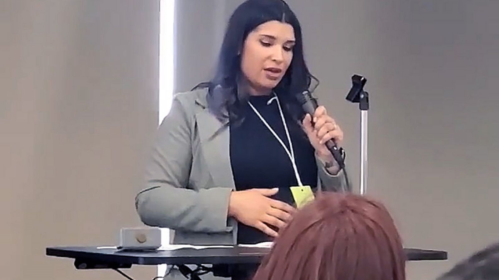 PHOTO: Minnesota State Senate candidate Erin Maye Quade gave a speech while in active labor, April 23, 2022, in Rosemount, Minn.