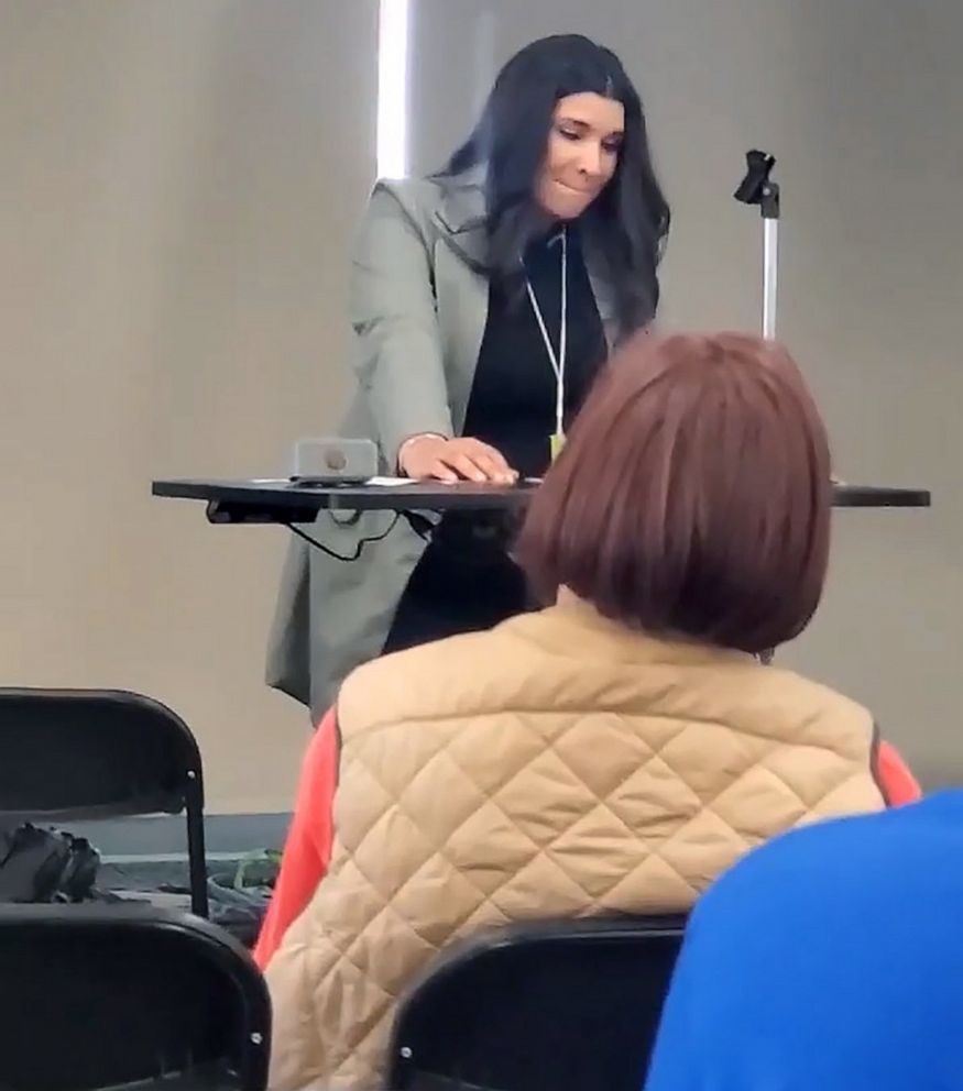 PHOTO: Minnesota State Senate candidate Erin Maye Quade gave a speech while in active labor, April 23, 2022, in Rosemount, Minn.