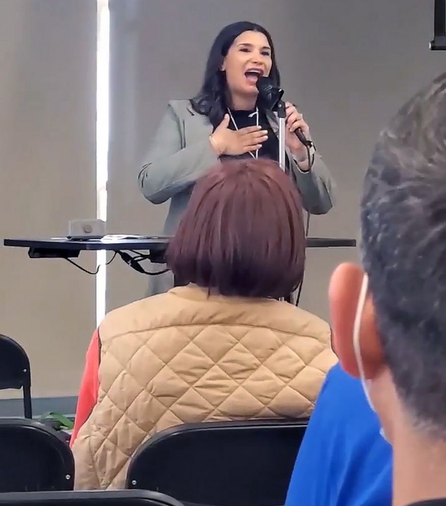 PHOTO: Minnesota State Senate candidate Erin Maye Quade gave a speech while in active labor, April 23, 2022, in Rosemount, Minn.