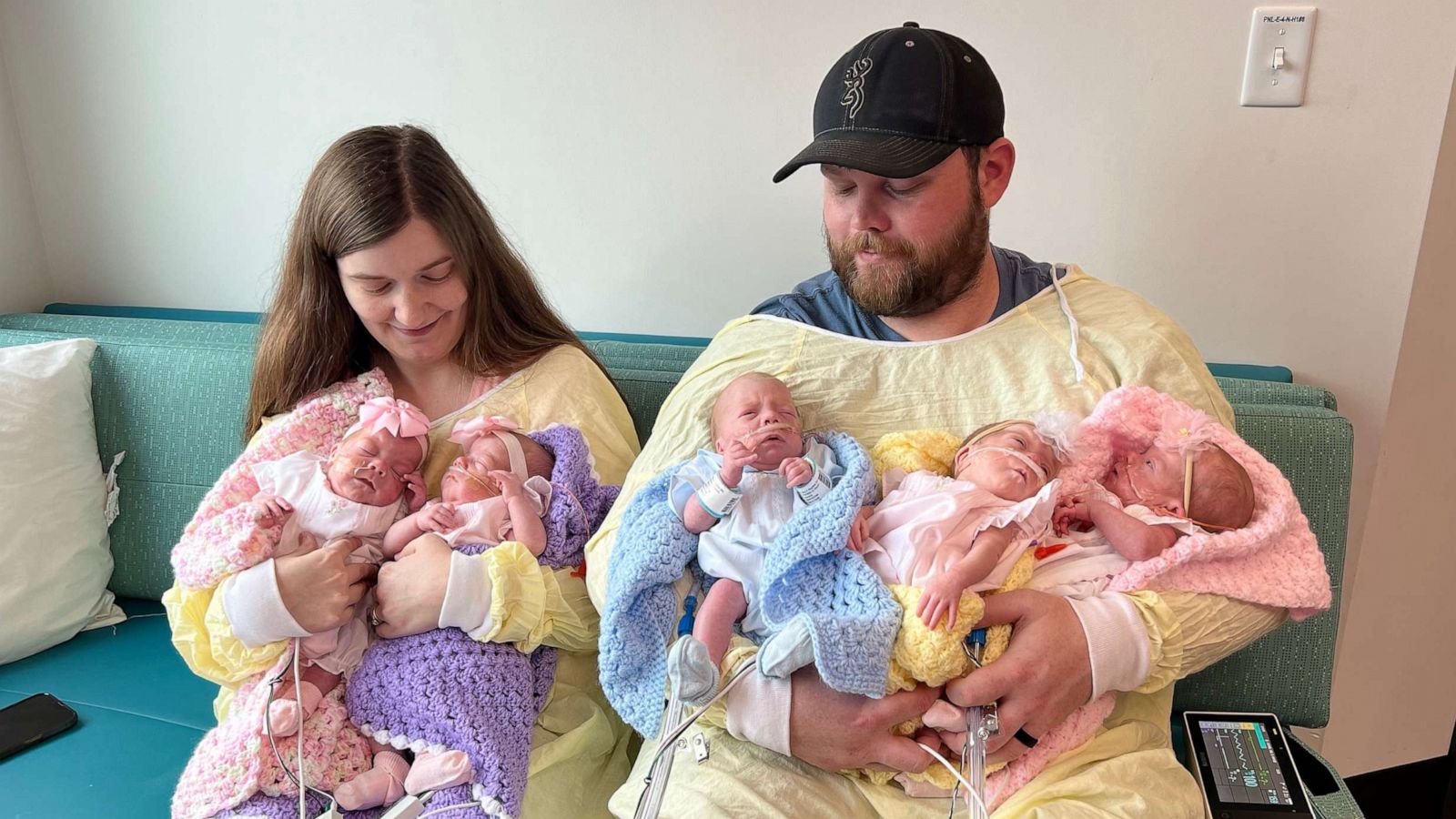 PHOTO: Haylee and Shawn Ladner are parents of quintuplets. The couple were able to hold all five of their babies for the first time on April 9, 2023.