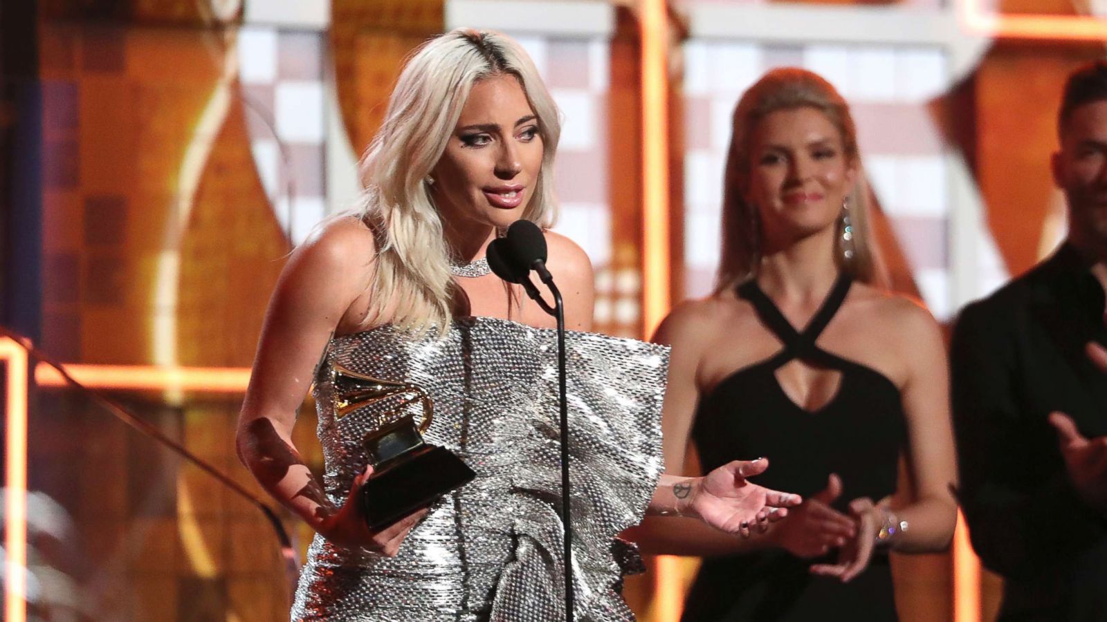 PHOTO: Lady Gaga accept the award for best pop duo or group performance for "Shallow" at the 61st annual Grammy Awards, Feb. 10, 2019, in Los Angeles.