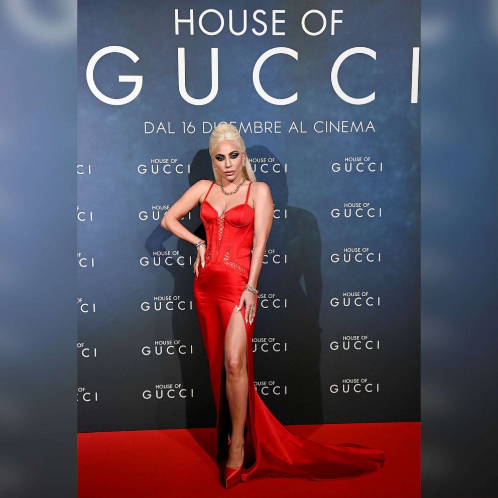 PHOTO: Cast member Lady Gaga poses for a photo as she arrives at the Italian Premiere of the film "House of Gucci" at the Space Cinema Odeon in Milan, Nov. 13, 2021.