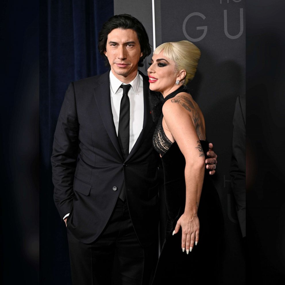 PHOTO: Lady Gaga poses with Adam Driver on the red carpet for the premiere of "House of Gucci" at Rose Theater at Jazz at Lincoln Center on Nov. 16, 2021, in New York.