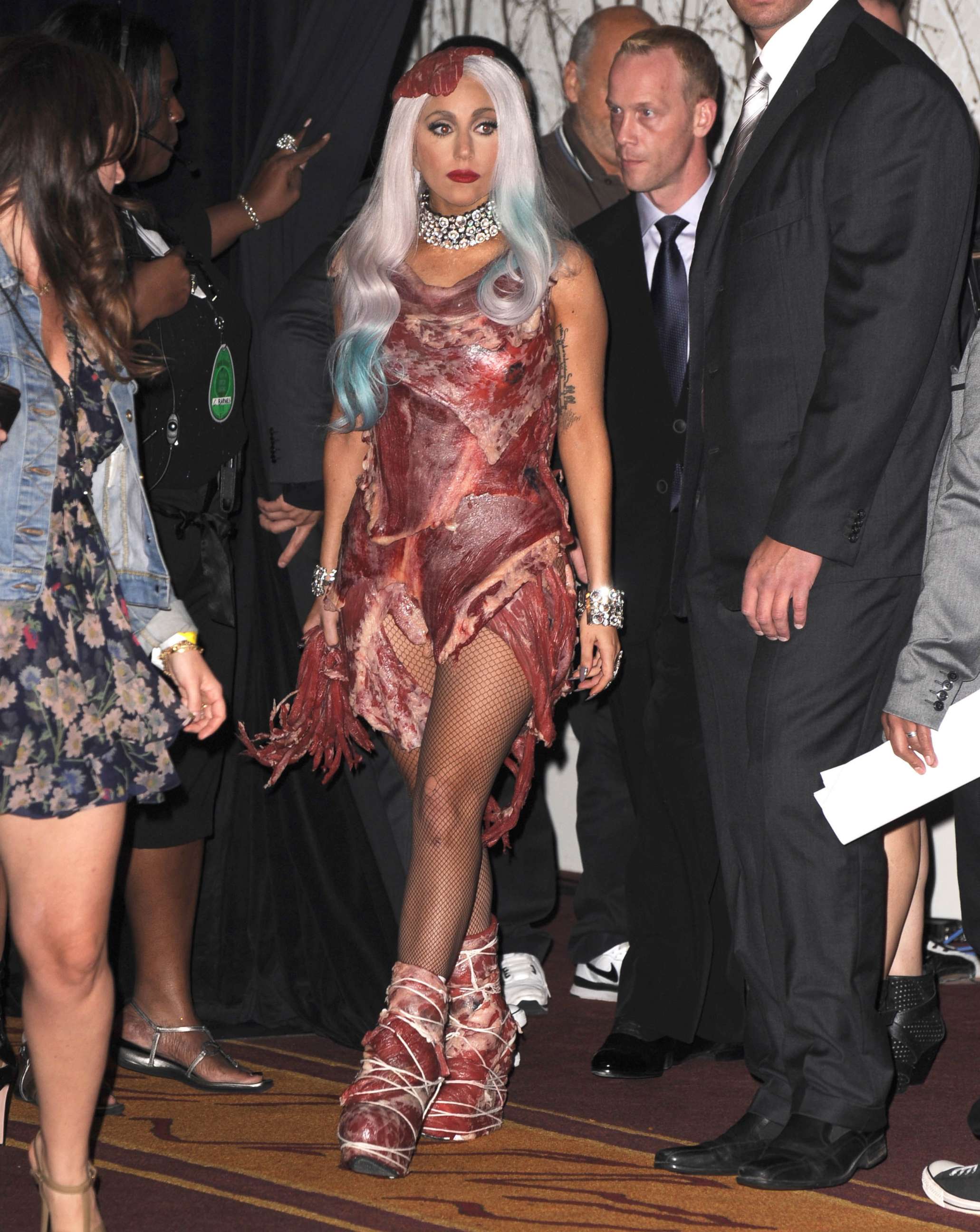 PHOTO: Lady Gaga wears a meat dress at the 2010 MTV Video Music Awards on Sept. 12, 2010, in Los Angeles.