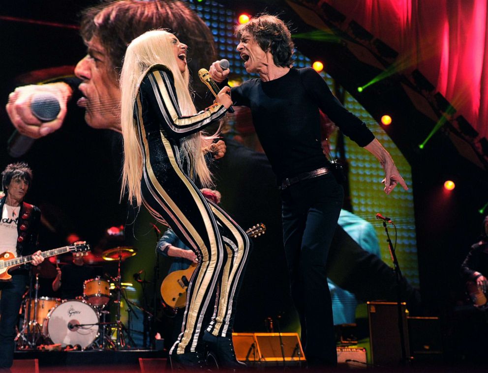 PHOTO: In this Dec. 15, 2012, file photo, Lady Gaga and Mick Jagger of The Rolling Stones performs at the Prudential Centerin Newark, N.J.