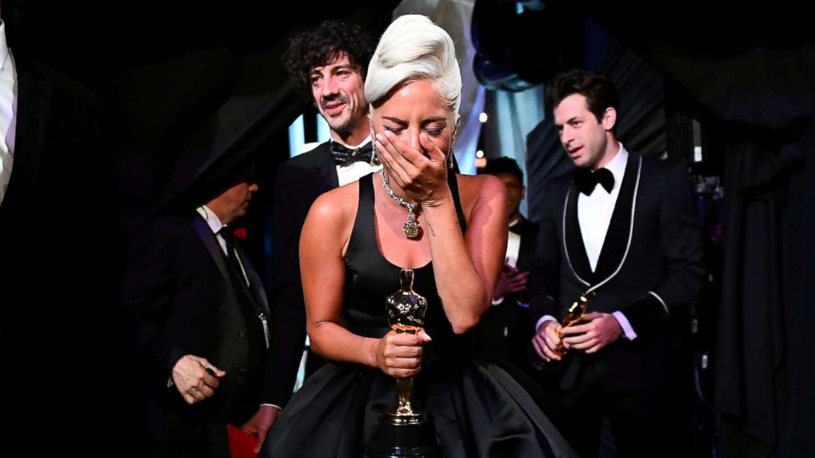 PHOTO: Lady Gaga reacts holding her award for Best Original Song "Shallow," backstage at the 91st Academy Awards in Los Angeles, Feb, 24, 2019.