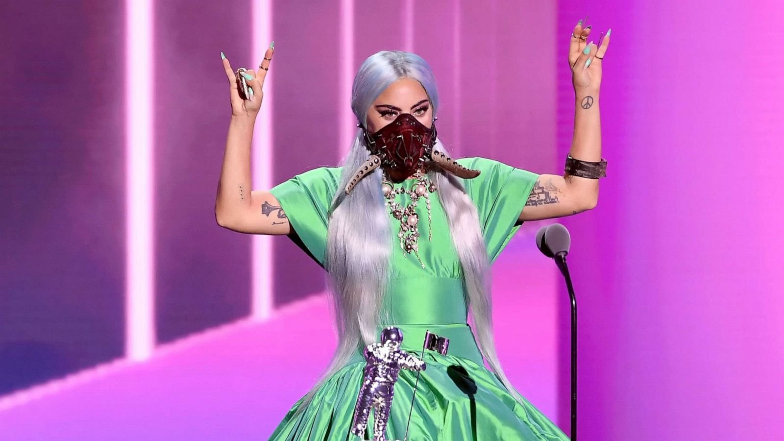 PHOTO: Lady Gaga accepts the Song of the Year award for "Rain on Me" onstage during the 2020 MTV Video Music Awards, Aug. 30, 2020, in Los Angeles.