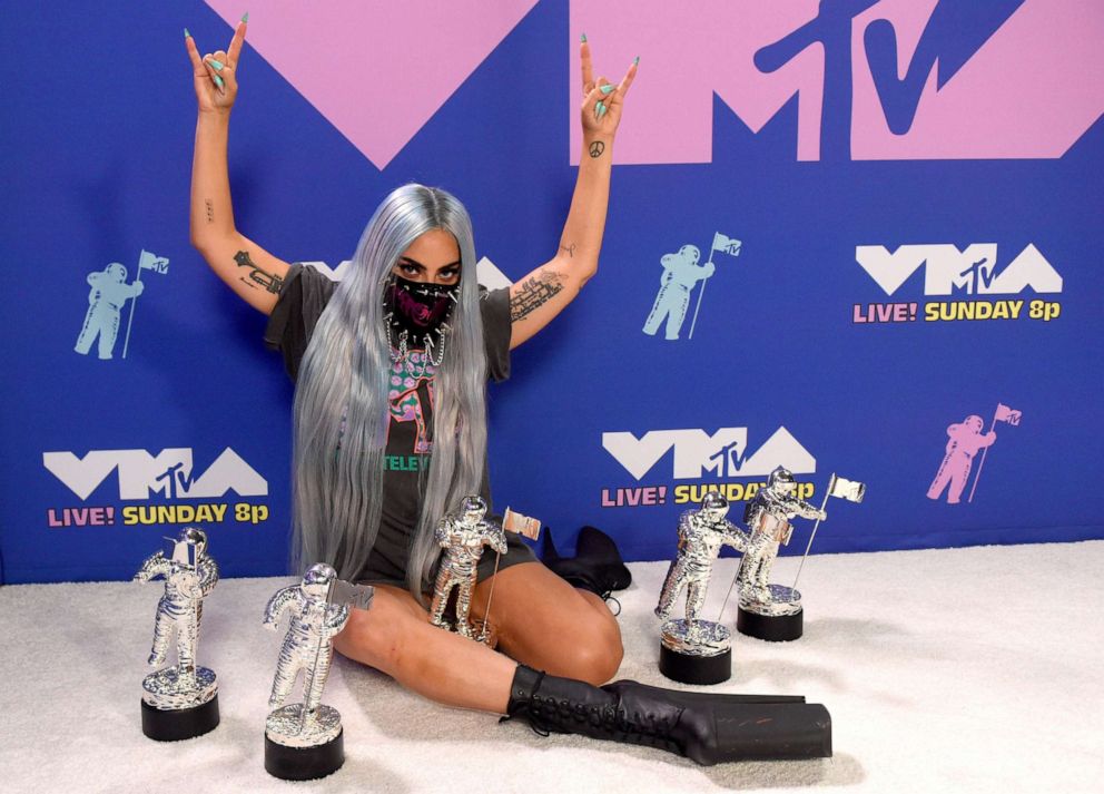 PHOTO: Lady Gaga poses with her awards during the 2020 MTV Video Music Awards, Aug. 30, 2020, in Los Angeles.