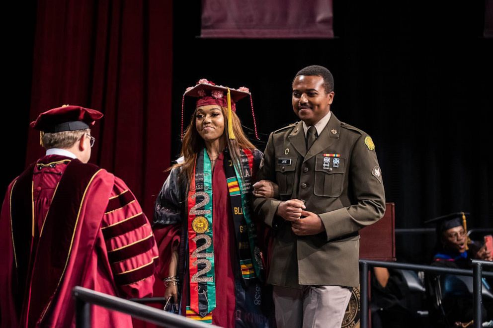 PHOTO: LaDyra Lyte was surprised by her brother, a U.S. service member, during her graduation at Central Michigan University on May 14, 2022.
