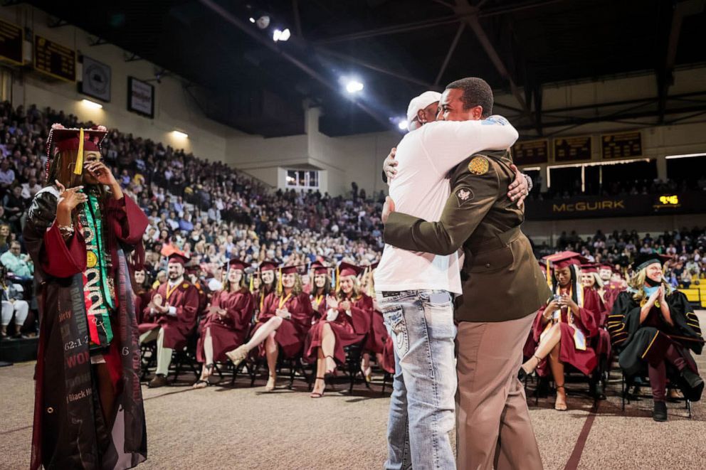 PHOTO: LaDyra Lyte was surprised by her brother, a U.S. service member, during her graduation at Central Michigan University on May 14, 2022.
