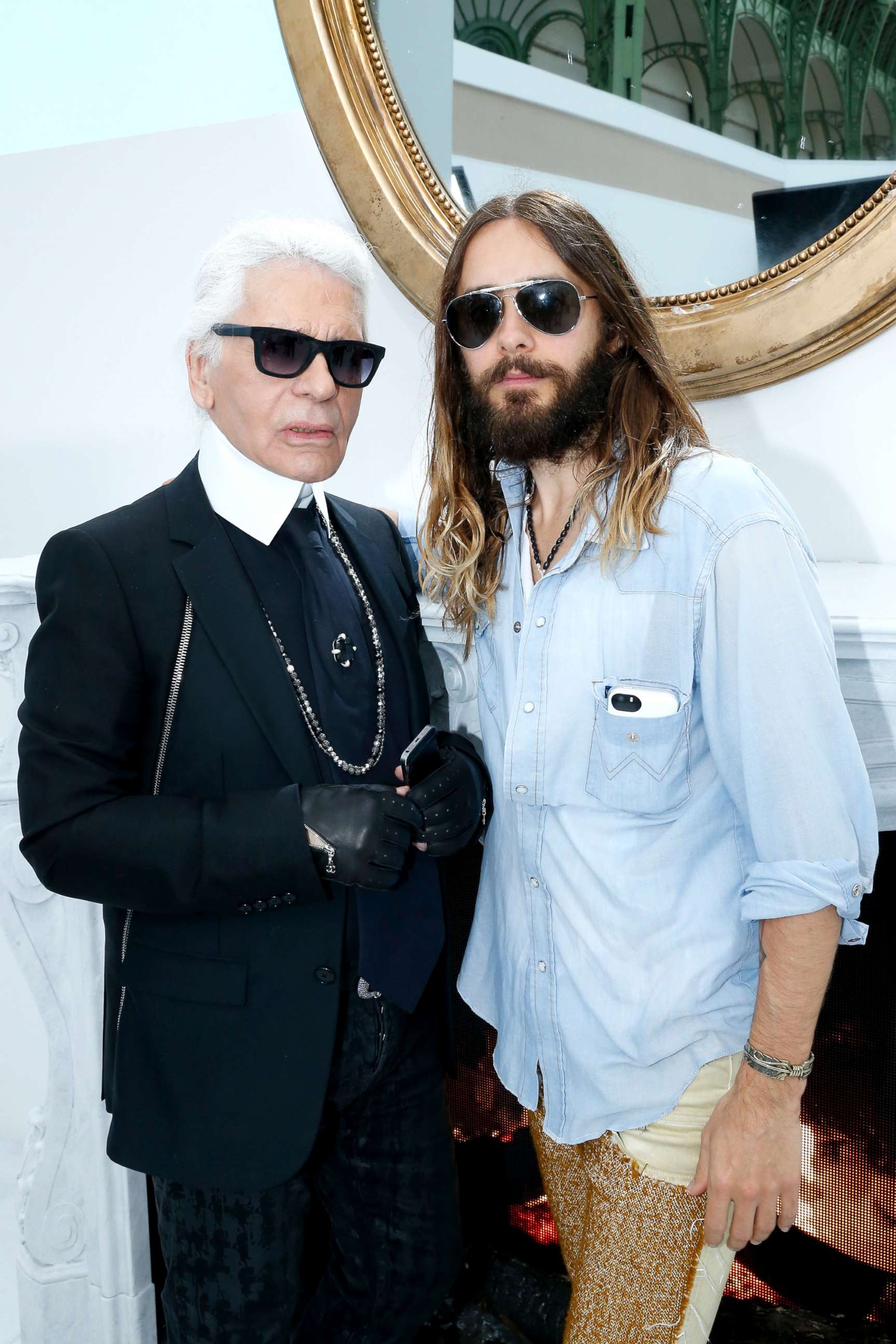 PHOTO: Fashion designer Karl Lagerfeld and Actor Jared Leto pose backstage after the Chanel show as part of Paris Fashion Week - Haute Couture Fall/Winter 2014-2015. Held at Grand Palais on July 8, 2014 in Paris, France.