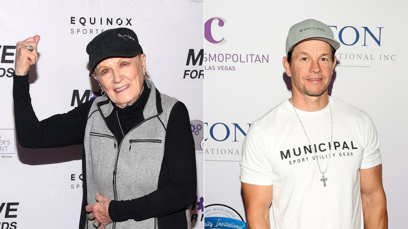 PHOTO: In this Nov. 2, 2019, file photo, Elaine LaLanne is shown at an event in Los Angeles. | In this Dec. 2, 2023, file photo, Mark Wahlberg attends an event in Las Vegas.
