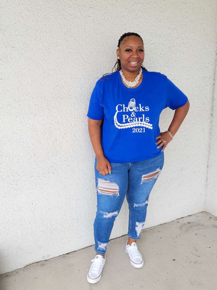 PHOTO: Miami-based podiatrist assistant, Lamarcia Davis, rocks pearls and chucks to celebrate Kamala Harris historic vice president win.