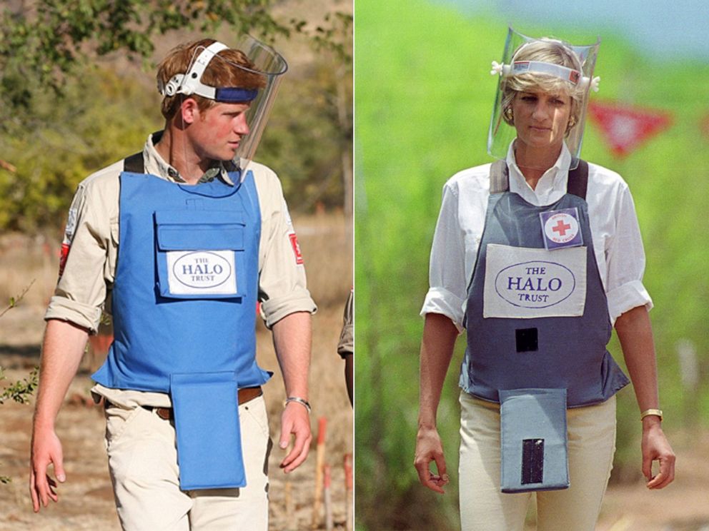 PHOTO: Prince Harry wears protective body armor learning the first steps of the removal of landmines, June 21, 2010, in Cahora Bassa, Mozambique. Princess Diana visits a landmine minefield being cleared by the charity Halo in Huambo, Angola, Jan. 5, 1997.