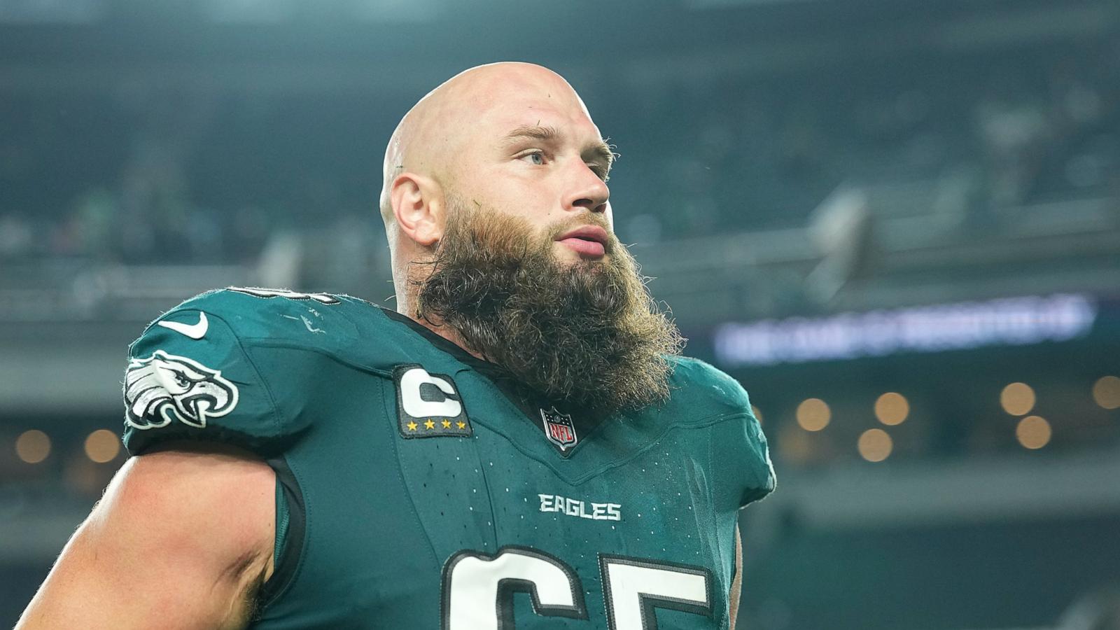 PHOTO: Lane Johnson #65 of the Philadelphia Eagles looks on after the game against the Dallas Cowboys at Lincoln Financial Field, Sept. 4, 2025, in Philadelphia.