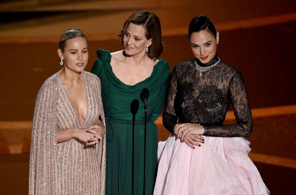 PHOTO: Brie Larson, from left, Sigourney Weaver and Gal Gadot introduce a performance by maestro Eimear Noone at the Oscars, Feb. 9, 2020, at the Dolby Theatre in Los Angeles.