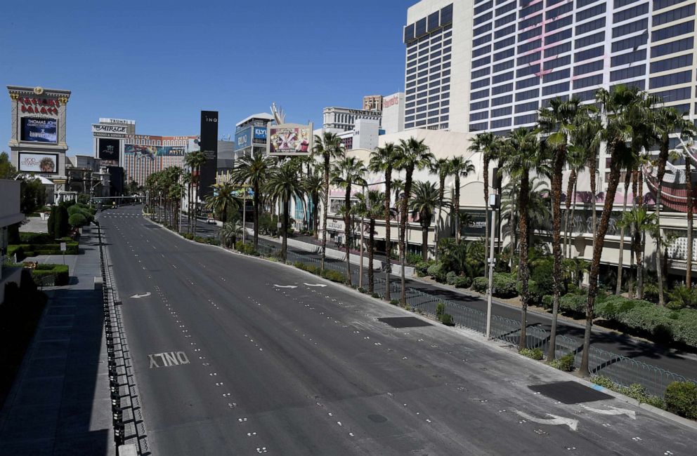 PHOTO: A view of the Las Vegas Strip between Caesars Palace and Flamingo Las Vegas shows almost no vehicle or pedestrian traffic as the coronavirus continues to spread across the United States on April 24, 2020 in Las Vegas.