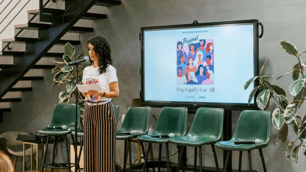 PHOTO: Ana Flores speaks during a Latina Equal Pay Day hosted by #WeAllGrow in Los Angeles in 2019.