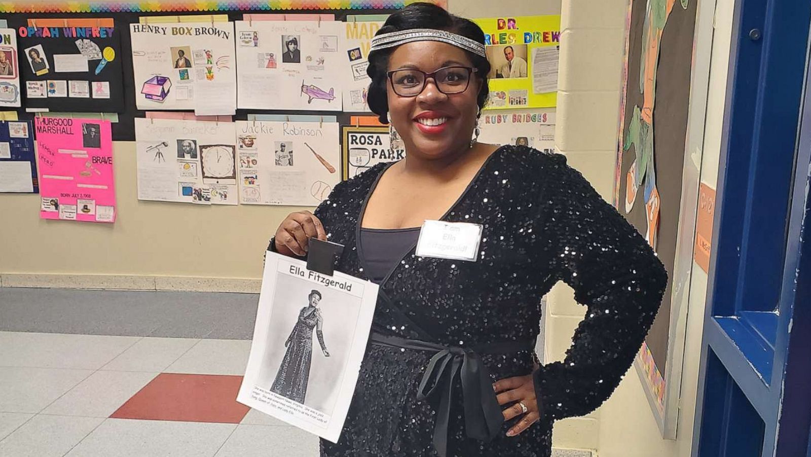 PHOTO: Teacher Latoya McGriff dressed as legendary jazz singer Ella Fitzgerald during Black History Month at Creekside Elementary School in Suffolk, Va.