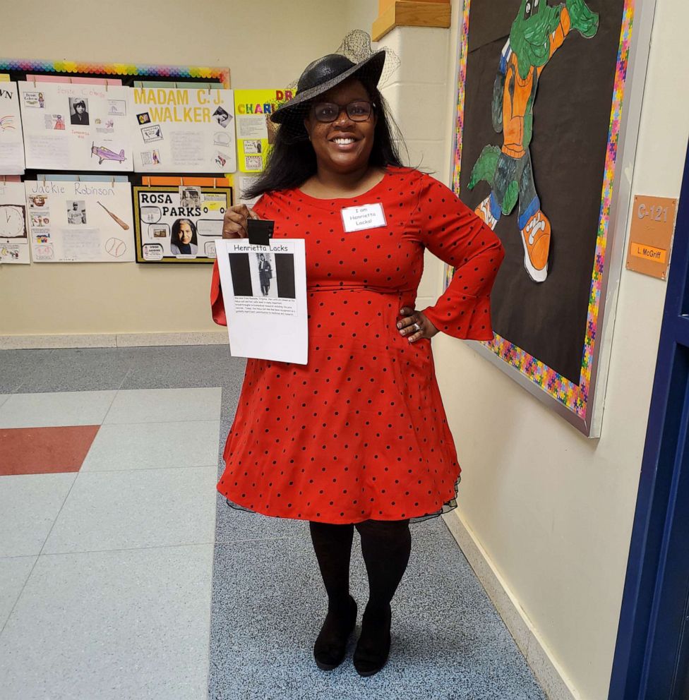 PHOTO: First grade teacher, Latoya McGriff, dressed as Henrietta Lacks. Lacks' HeLa cells lead to important breakthroughs in biomedical research.