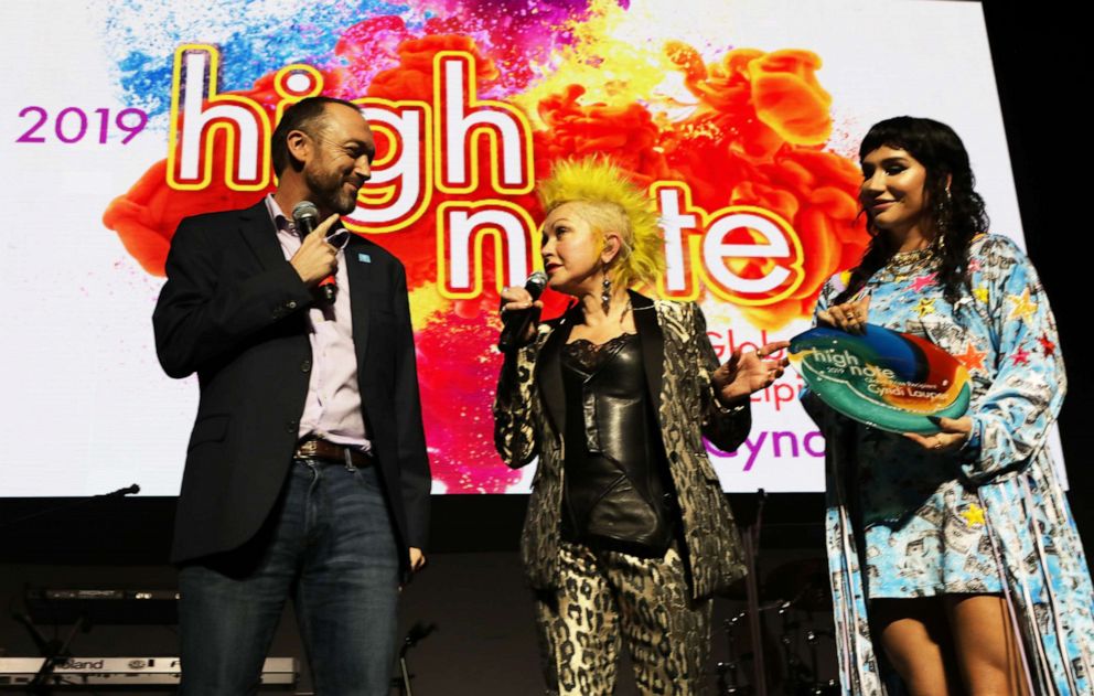 PHOTO: Laurent Sauveur and Kesha presented Cyndi Lauper with the first-ever High Note Global Prize on Dec. 10, 2019 (UN Human Rights Day) in Los Angeles.