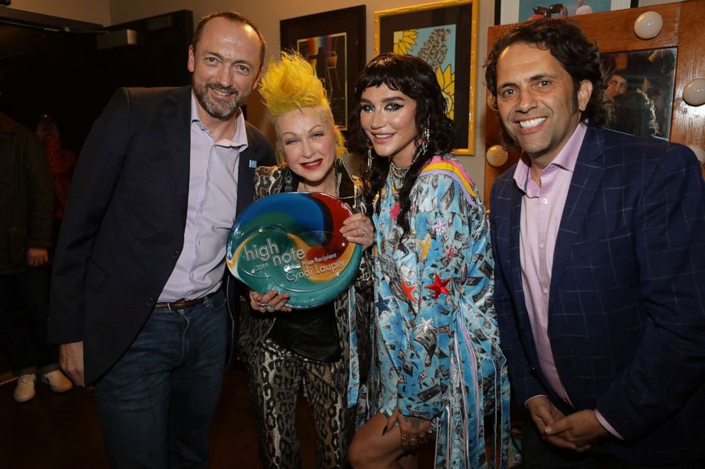 PHOTO: Laurent Sauveur, Chief External Officer of UN Human Rights; High Note Global Prize Laureate Cindy Lauper; pop star Kesha; and David Clark, Creator of The High Note Global Initiative, in Los Angeles, Dec. 10, 2019.