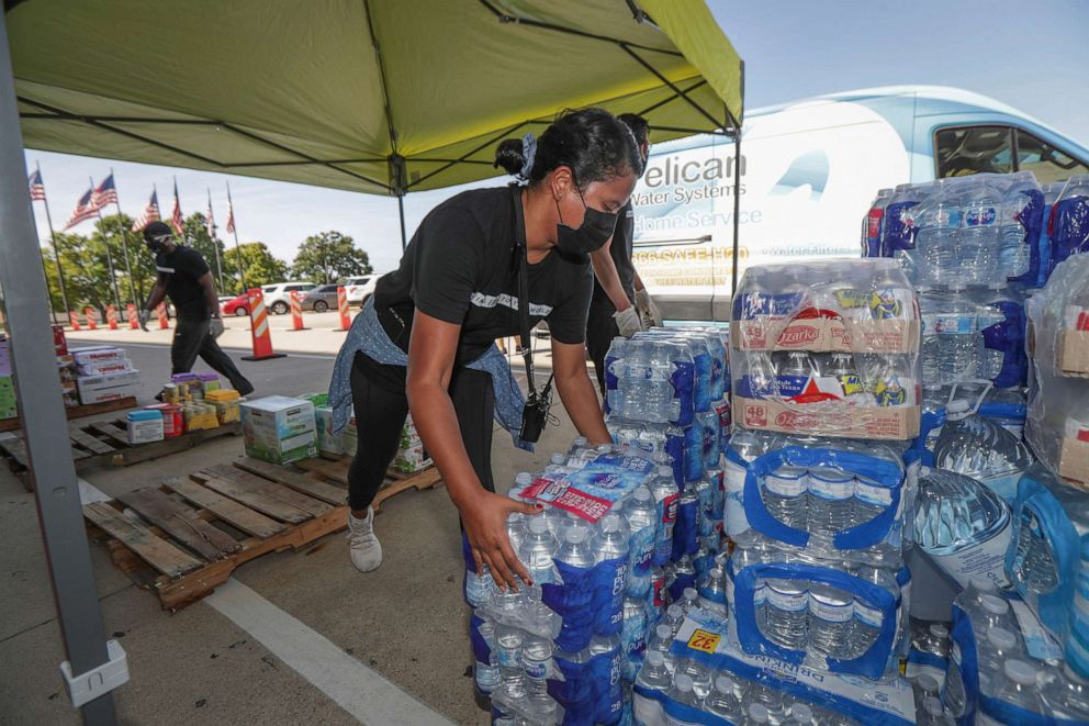 PHOTO: A Lakewood Church staff member organizes donated items collected for East Texas & Louisiana residents who were affected by Hurricane Laura, Aug. 27, 2020, in Houston.