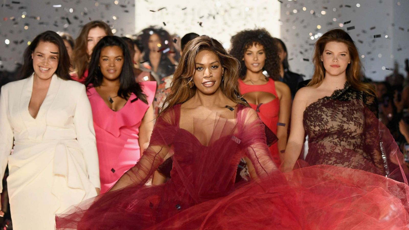 PHOTO: Laverne Cox, center, walks the runway for the 11 Honore fashion show finale during New York Fashion Week, Feb. 6, 2019, in N.Y.