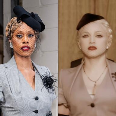 PHOTO: In this split, Laverne Cox is seen in the Upper West Side on Feb. 03, 2025 in New York City and Madonna is seen in "Take A Bow" official music video.