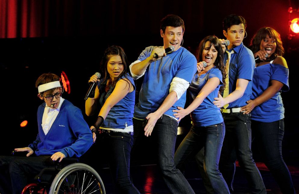 PHOTO: (L-R) Actor/singers Kevin McHale, Jenna Ushkowitz, Cory Monteith, Lea Michele, Chris Colfer and Amber Riley of Fox TV's "Glee" perform at The Gibson Amphitheater on May 20, 2010, in Universal City, Calif.