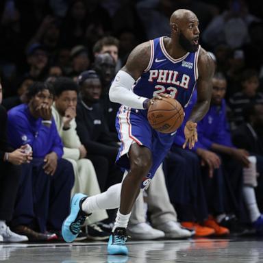 PHOTO: Philadelphia 76ers' LeBron James dribbles during the first half of a preseason NBA basketball game against the Brooklyn Nets, Oct. 8, 2026, in New York. 