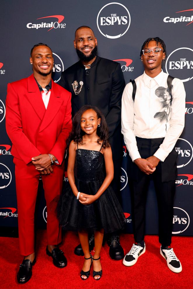 PHOTO: Bronny James, LeBron James, Zhuri James, and Bryce James attend the 2023 ESPY Awards, July 12, 2023, in Hollywood, Calif.