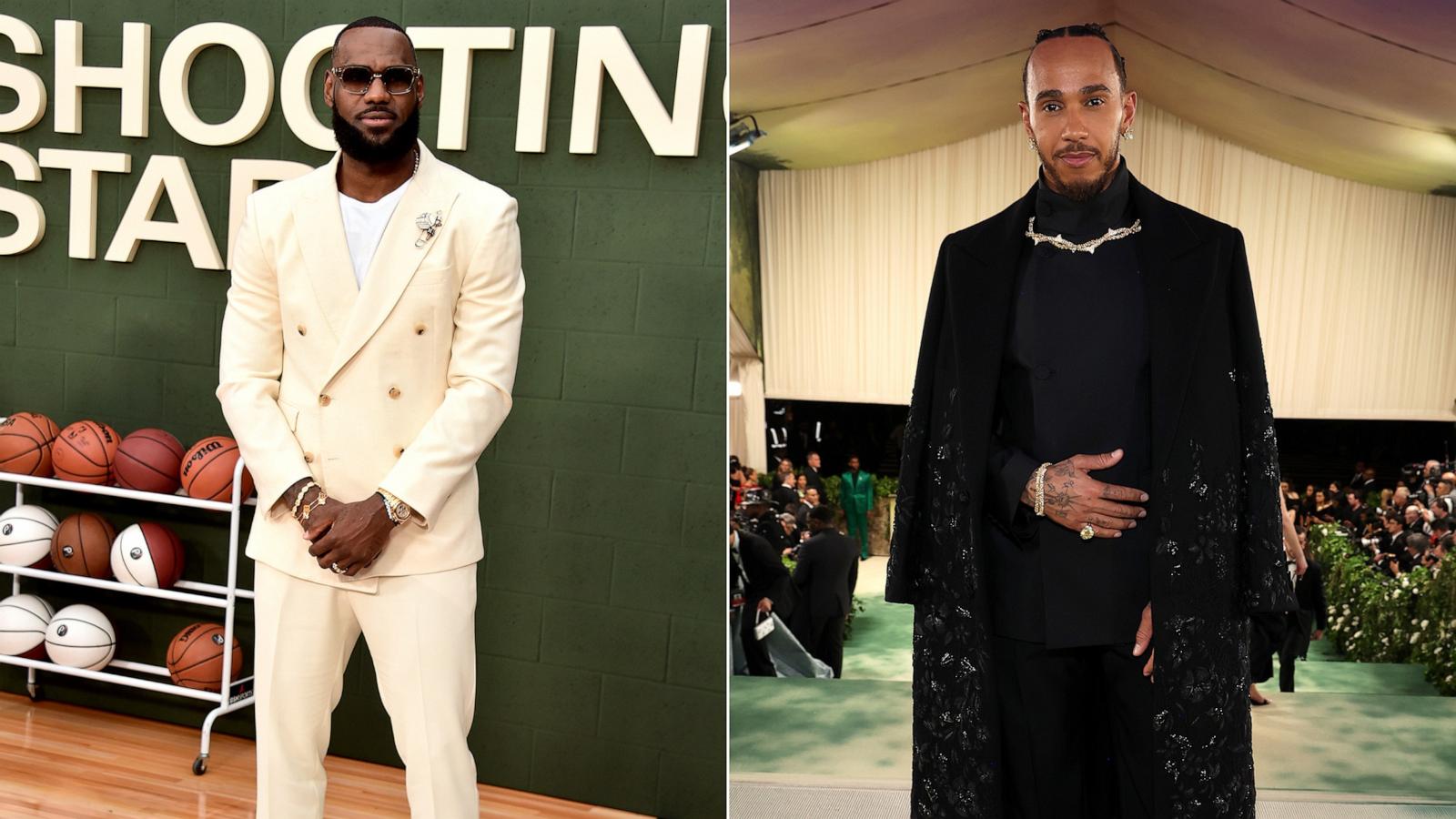 PHOTO: LeBron James attends a premiere on May 31, 2023, in Los Angeles. | Lewis Hamilton attends The 2024 Met Gala Celebrating "Sleeping Beauties: Reawakening Fashion" at The Metropolitan Museum of Art on May 6, 2024, in New York.