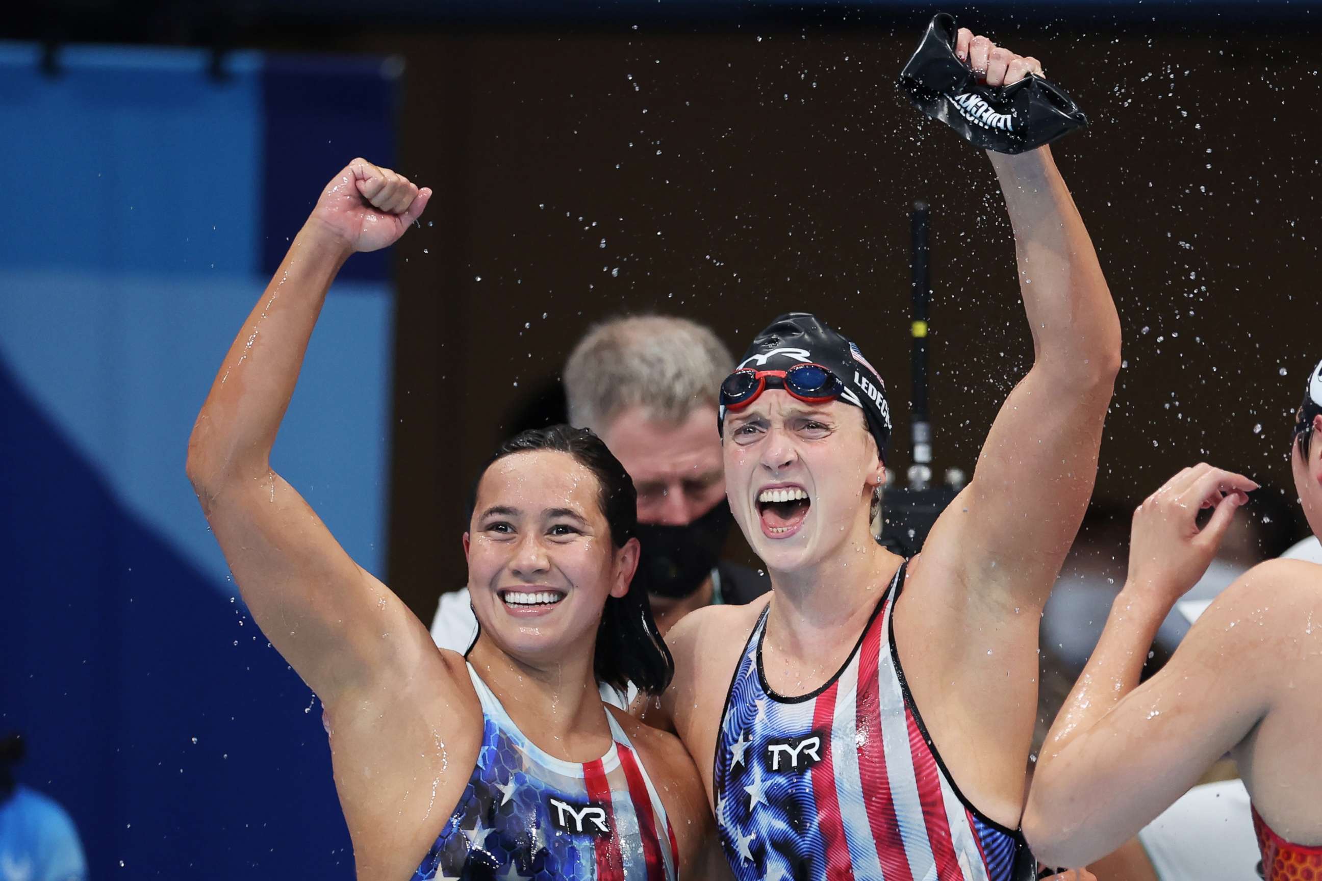 PHOTO: Katie Ledecky of Team United States celebrates with teammate Erica Sullivan after winning the women's 1500m freestyle final on day five of the Tokyo 2020 Olympic Games at Tokyo Aquatics Centre, July 28, 2021 in Tokyo, Japan.
