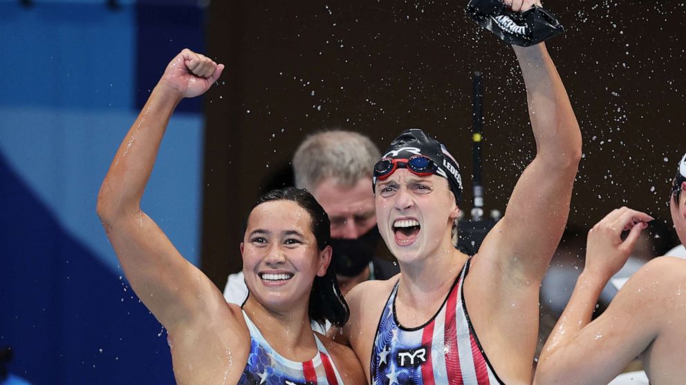 PHOTO: Katie Ledecky of Team United States celebrates with teammate Erica Sullivan after winning the women's 1500m freestyle final on day five of the Tokyo 2020 Olympic Games at Tokyo Aquatics Centre, July 28, 2021 in Tokyo, Japan.