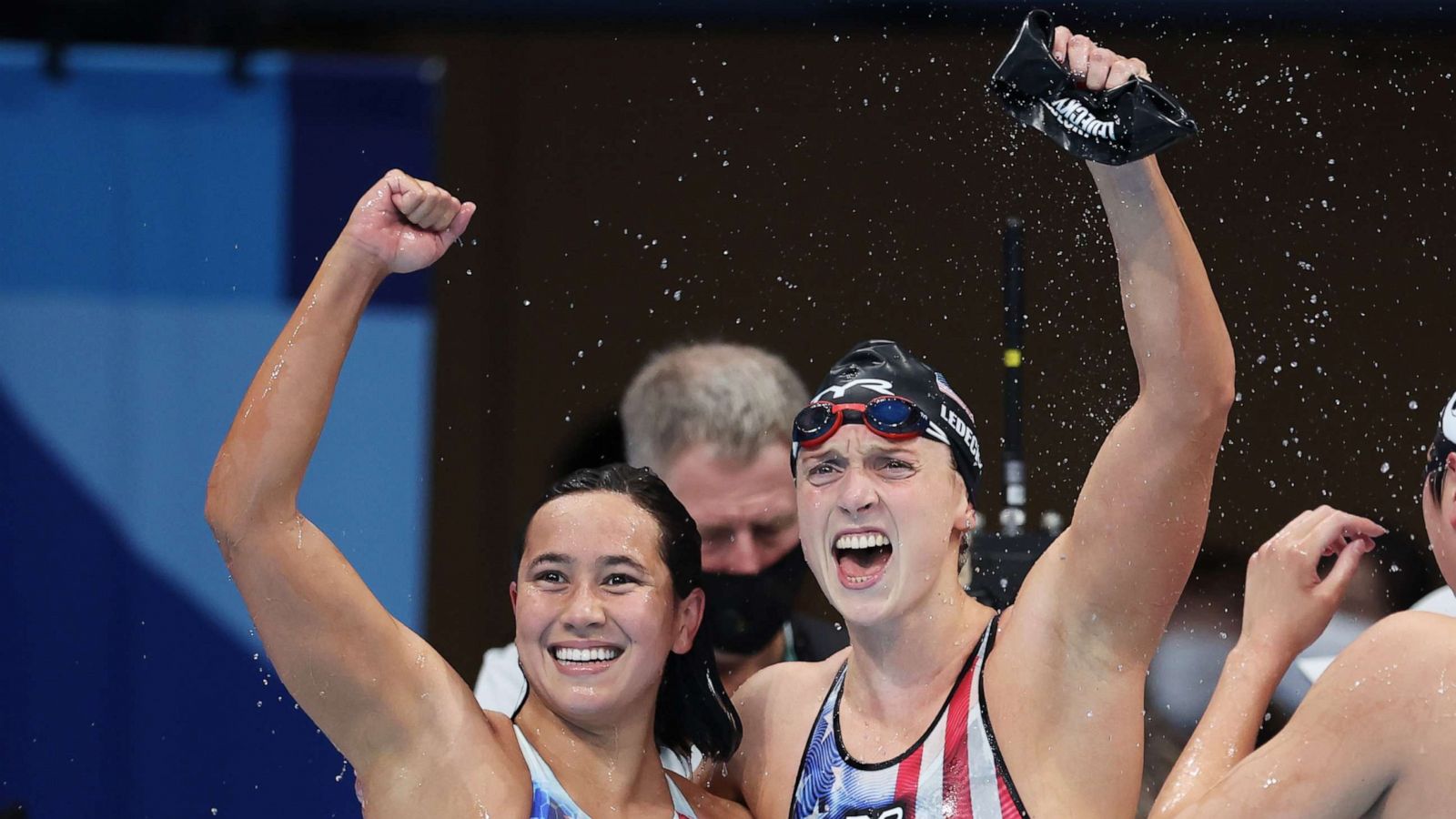 PHOTO: Katie Ledecky of Team United States celebrates with teammate Erica Sullivan after winning the women's 1500m freestyle final on day five of the Tokyo 2020 Olympic Games at Tokyo Aquatics Centre, July 28, 2021 in Tokyo, Japan.