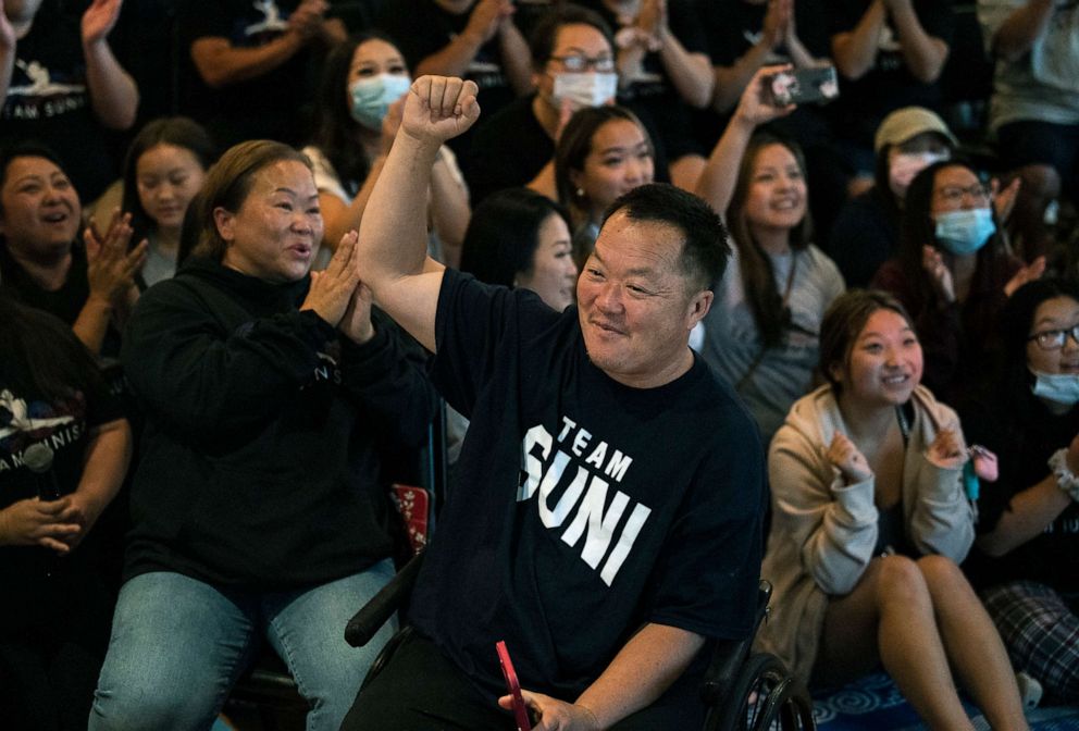 PHOTO: John Lee, father of Sunisa Lee, celebrates after she won gold in the Women's All-Around gymnastics final on day six of the Tokyo Olympic Games at a watch party, July 29, 2021, in Oakdale, Minn.