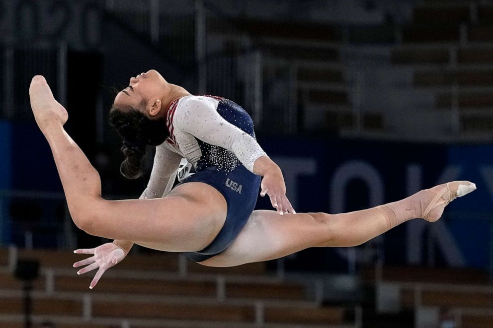 PHOTO: Sunisa Lee, of the United States, performs on the floor during the artistic gymnastics women's all-around final at the Tokly Olympics, July 29, 2021.