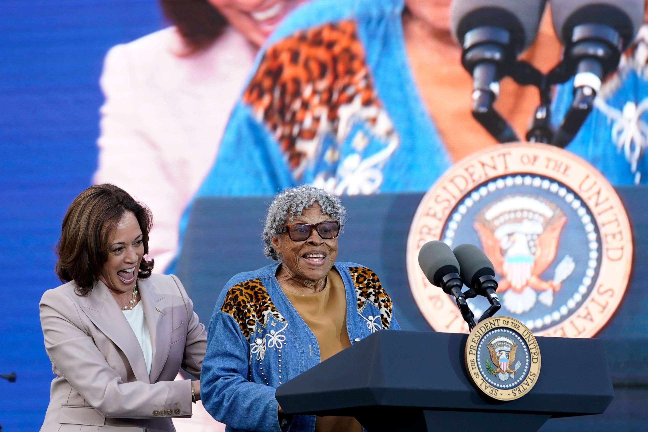 PHOTO: Vice President Kamala Harris welcomes Opal Lee to the stage during a Juneteenth concert on the South Lawn of the White House in Washington, June 13, 2023. Opal Lee is considered the grandmother of Juneteenth.