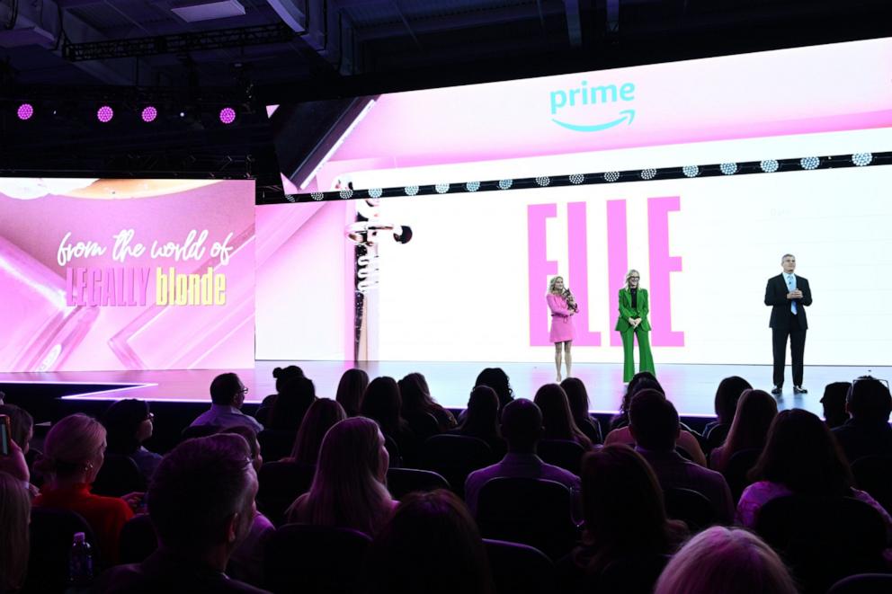 PHOTO: (L-R) Reese Witherspoon, Jennifer Salke, Head of Amazon & MGM Studios, and Alan Moss, VP Global Advertising Sales, Amazon Ads, speak onstage as Amazon debuts Inaugural Upfront Presentation at Pier 36 May 14, 2024 in New York City.