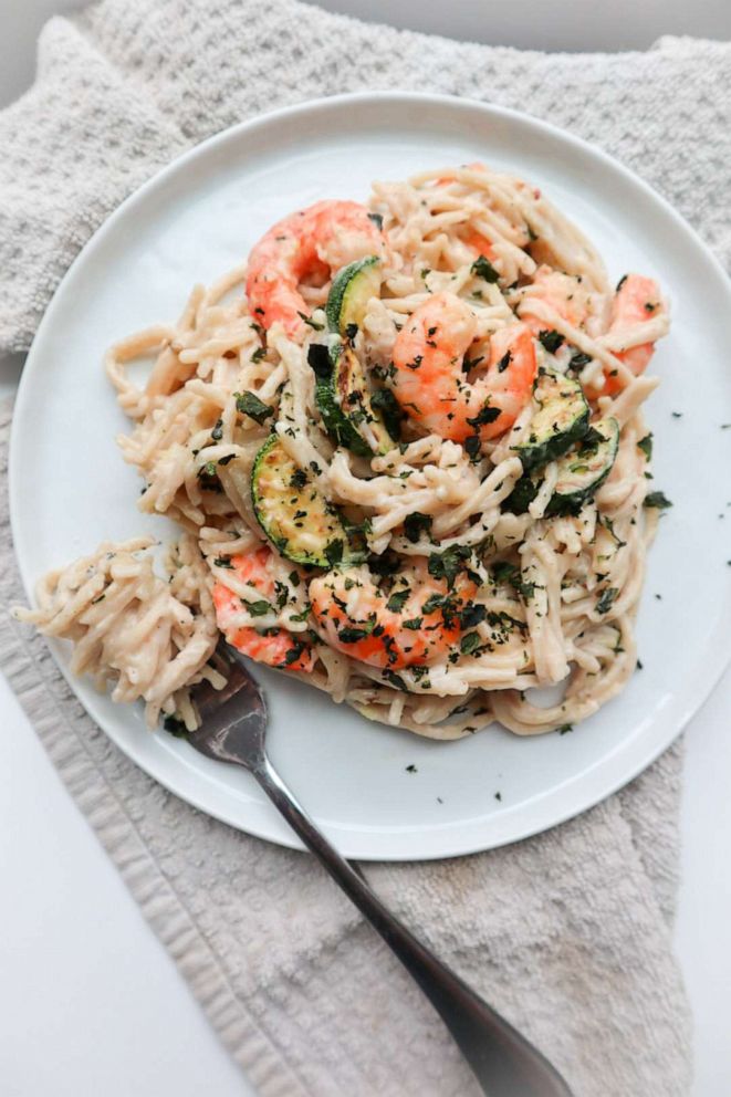 PHOTO: Creamy one-pot lemon pasta with shrimp and zucchini.