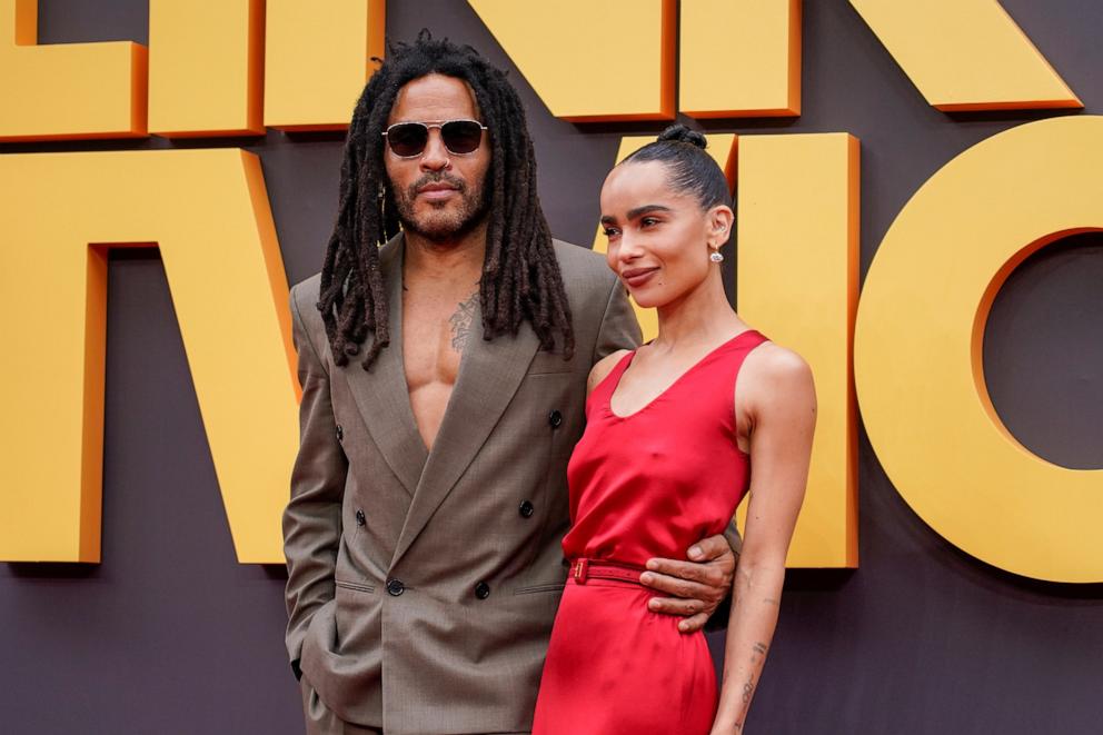 PHOTO: Zoë Kravitz, right, poses for photographs with her father Lenny Kravitz, at the Blink Twice premiere in London, Aug. 19, 2024.