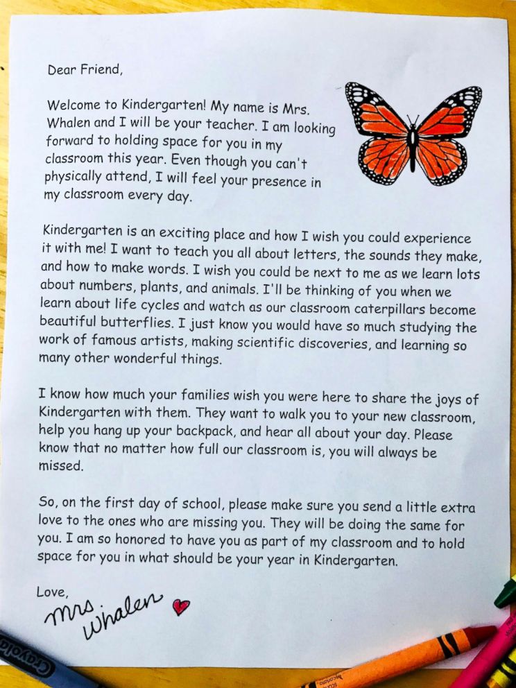 PHOTO: Kindergarten teacher Rachel Whalen wrote a letter to the kids who won’t be able to go to kindergarten this year. 