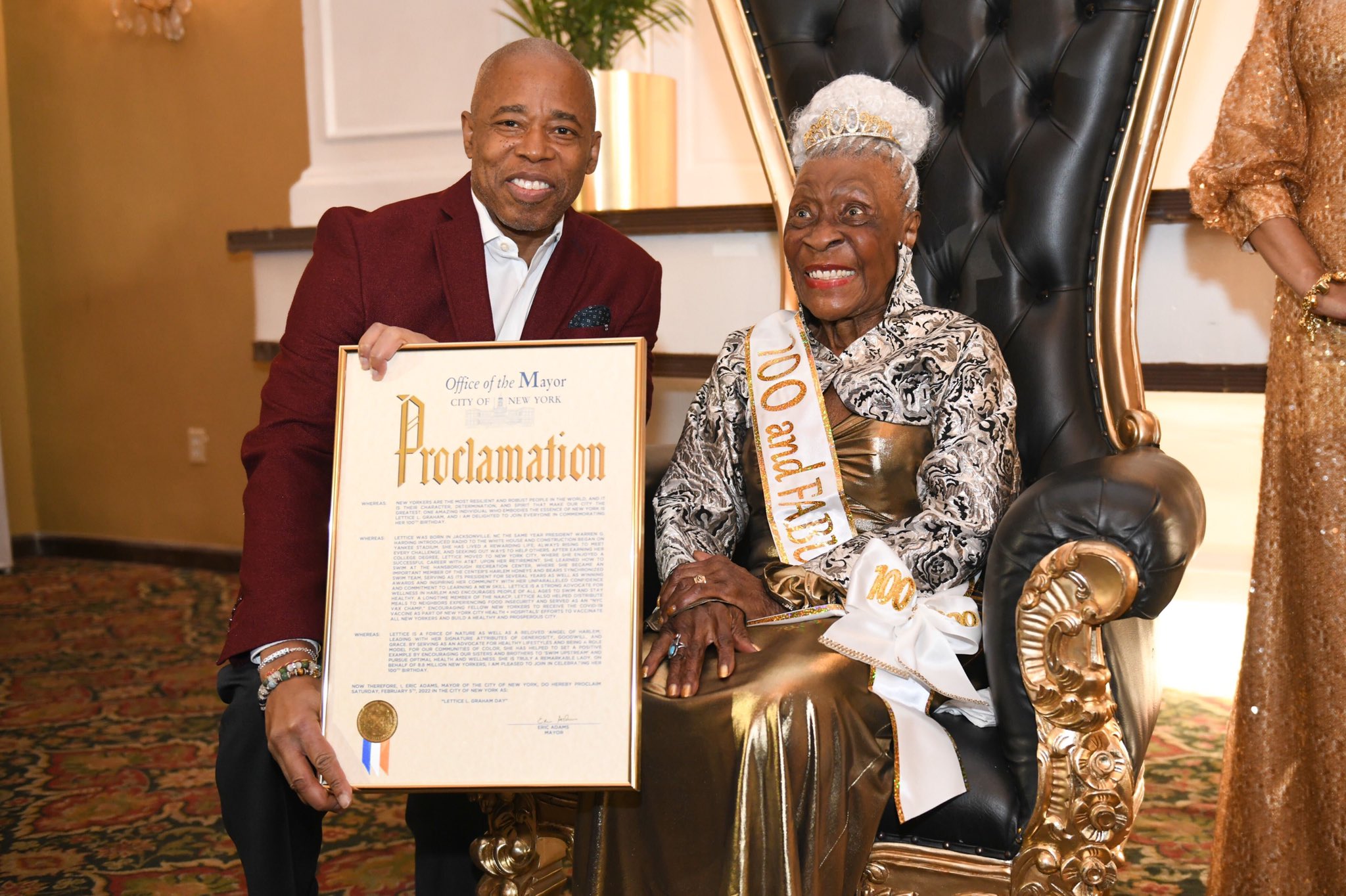 PHOTO: Lettice Graham is celebrated on her 100th birthday by New York City Mayor Eric Adams in image posted to Mayor Adams' Twitter account. Graham turned 100 years old on Feb. 5, 2022.