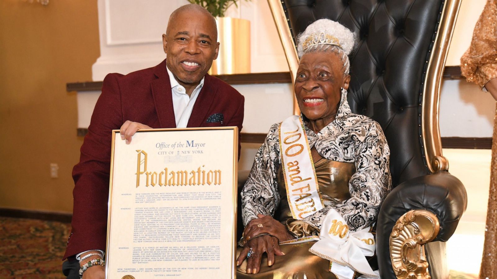 PHOTO: Lettice Graham is celebrated on her 100th birthday by New York City Mayor Eric Adams in image posted to Mayor Adams' Twitter account. Graham turned 100 years old on Feb. 5, 2022.