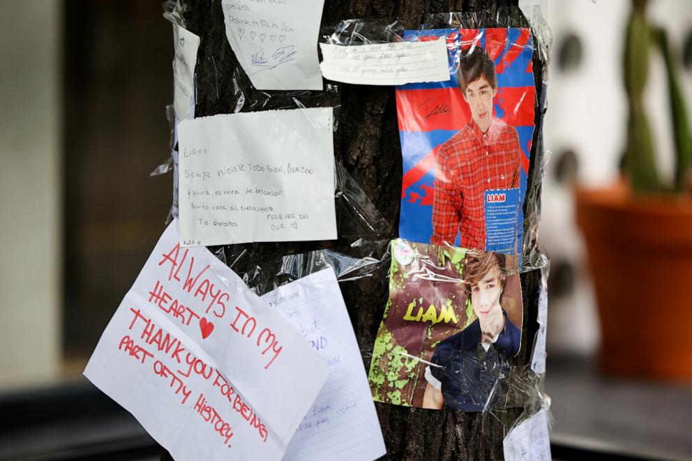 PHOTO: Tributes are left outside the hotel where Liam Payne, former One Direction band member, was found dead after he fell from a third-floor hotel room balcony, in Buenos Aires, Argentina, Oct. 17, 2024.