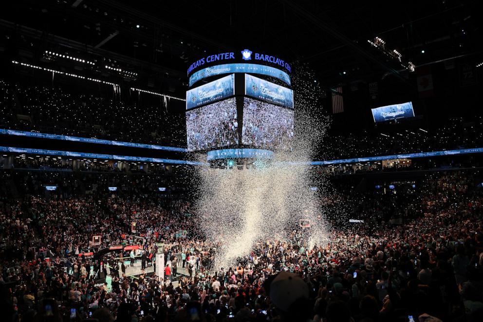 PHOTO: A general view of the arena during the trophy ceremony after New York Liberty defeats the Minnesota Lynx to win Game Five of the WNBA Finals at Barclays Center on Oct. 20, 2024 in New York City.