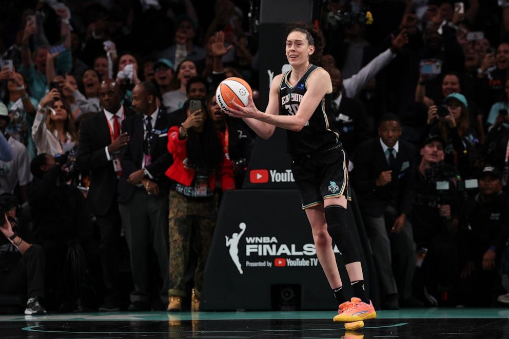 PHOTO: Breanna Stewart #30 of the New York Liberty reacts at the buzzer after defeating the Minnesota Lynx to win Game Five of the WNBA Finals at Barclays Center on Oct. 20, 2024 in Brooklyn.