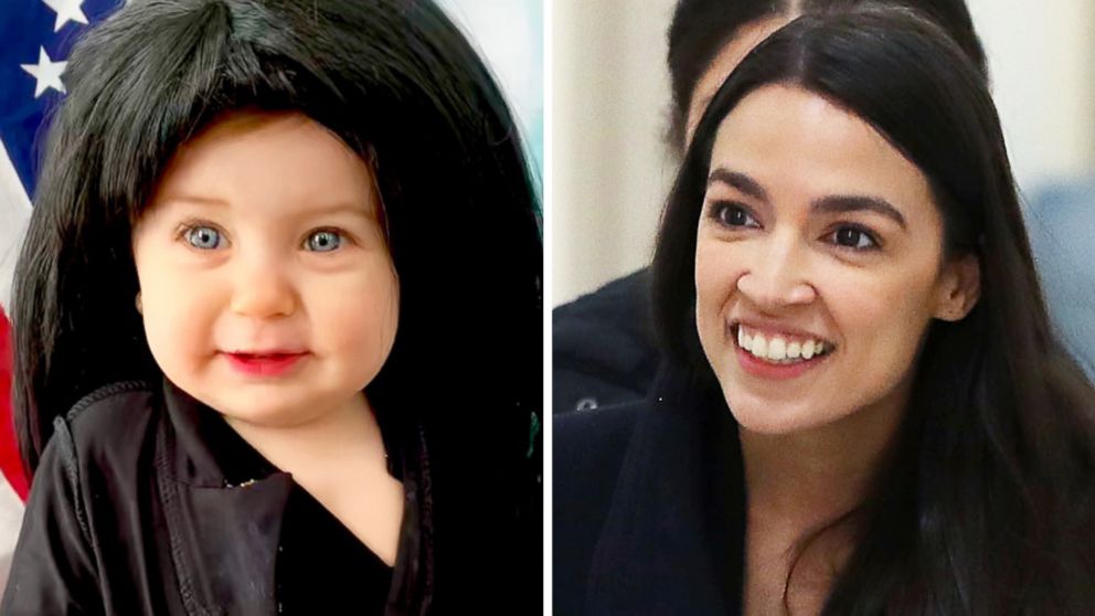 PHOTO: Liberty Wexler, 10 months, is dressed as Rep. Alexandria Ocasio-Cortez, pictured in Washington on the right, for Women's History Month in March 2019.